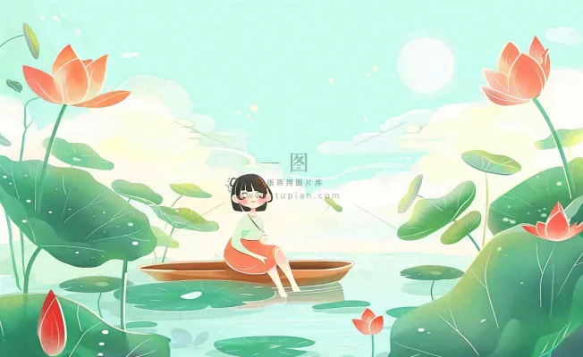 夏日荷叶荷塘女孩坐着船上大暑小暑夏天风景立夏卡通插画背景