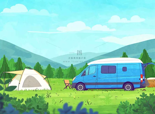 春天夏日清新草坪房车旅行露营玩耍手绘插画 春天夏日清新草坪房车旅行露营玩耍手绘插画