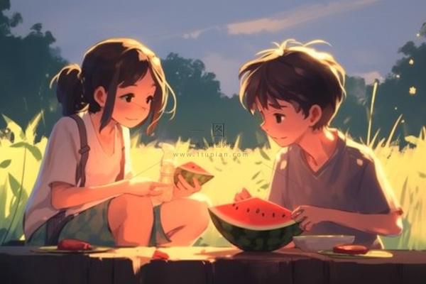 夏日卡通插画儿童吃西瓜动漫风背景 夏日卡通插画儿童吃西瓜动漫风背景