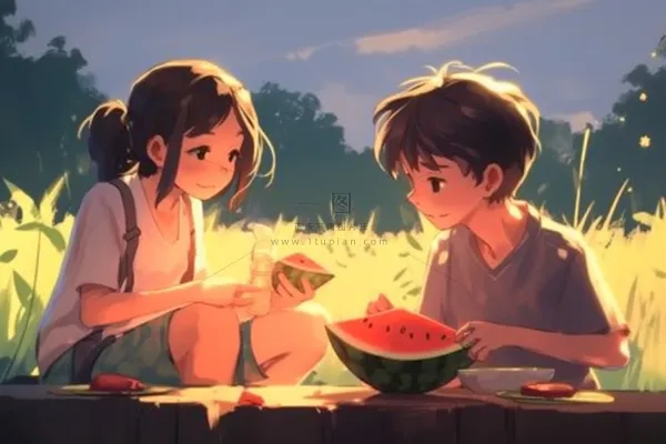 夏日卡通插画儿童吃西瓜动漫风背景 夏日卡通插画儿童吃西瓜动漫风背景