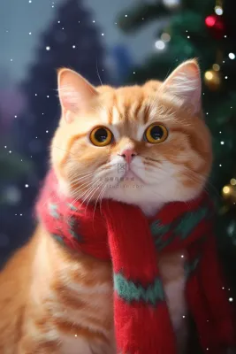 一只围着围巾的可爱猫咪橘猫圣诞氛围摄影图