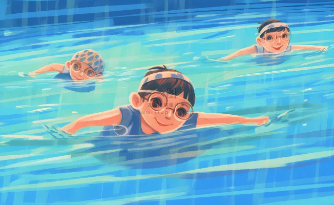 游泳池游泳儿童学生们玩乐蓝色卡通插画背景 游泳池游泳儿童学生们玩乐蓝色卡通插画背景