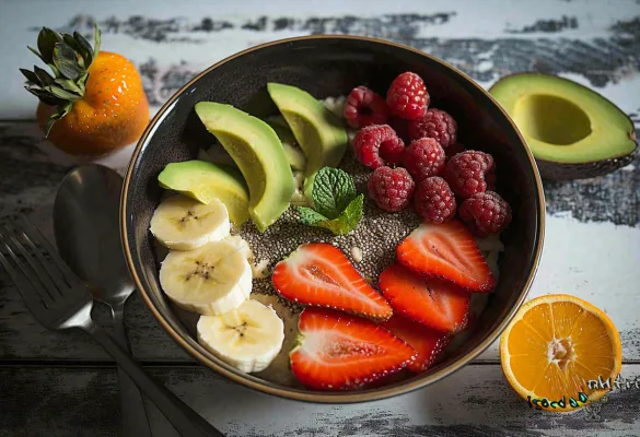 美食水果拼盘早餐沙拉咖啡，牛油果香蕉草莓奇异果果汁摄影图