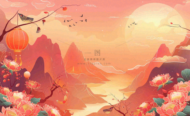 国潮风中秋重阳国庆祖国山河插画喜庆庆祝山水画背景