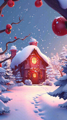冬天苹果红色雪屋雪地雪花,圣诞节可爱卡通 冬天苹果红色雪屋雪地雪花,圣诞节可爱卡通