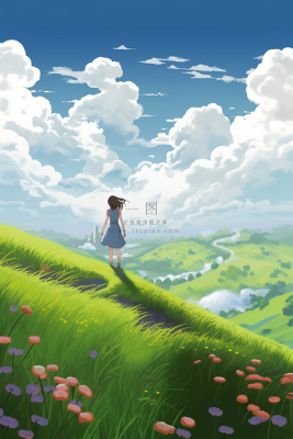 夏日天空女孩站在山上眺望远方草丛小花绿色卡通插画素材