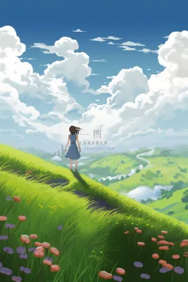 夏日天空女孩站在山上眺望远方草丛小花绿色卡通插画素材