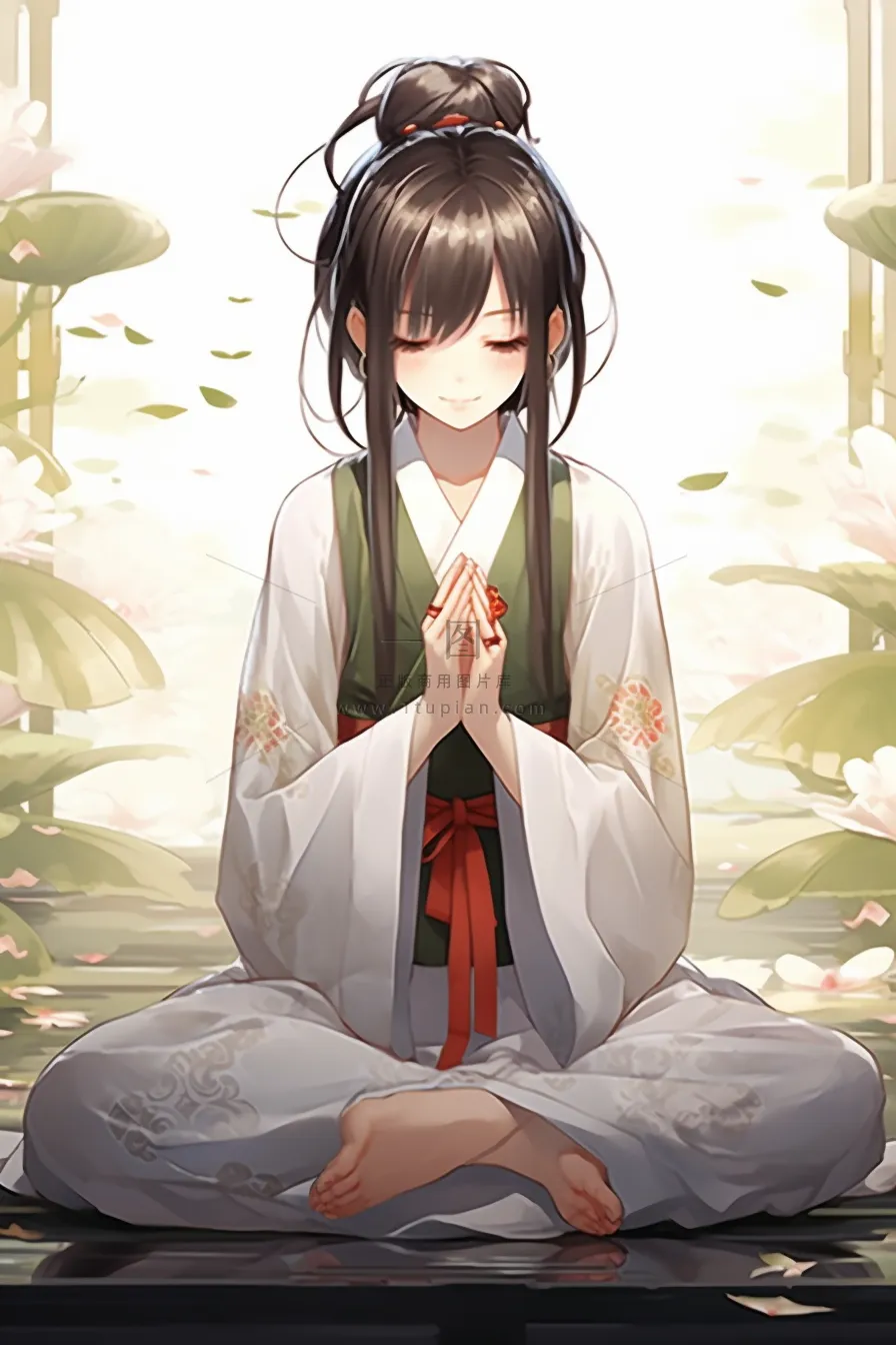 一位古风少女正在打坐插画动漫图