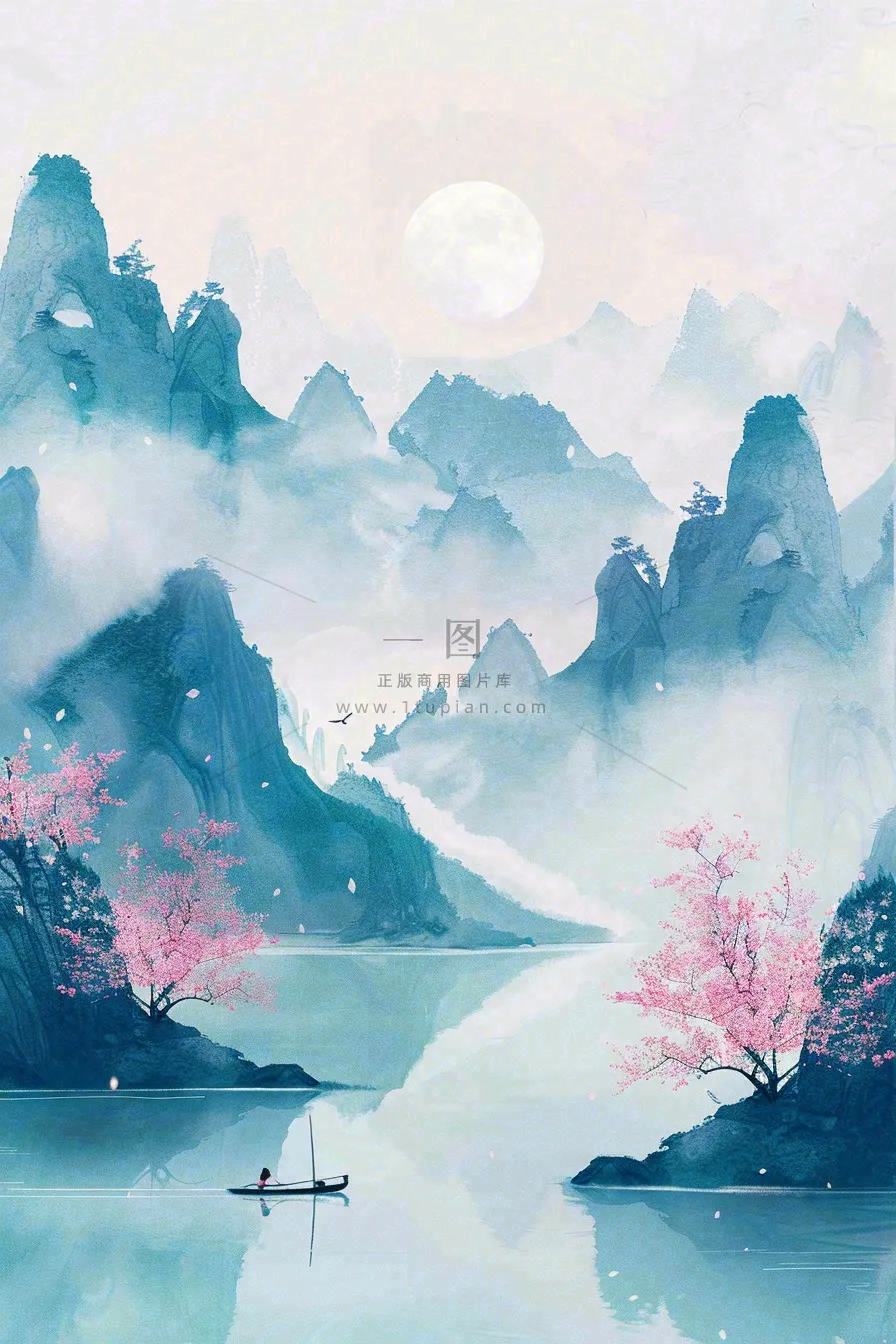 中国风水墨山水画梅花遍地开船春天春分清明插画背景