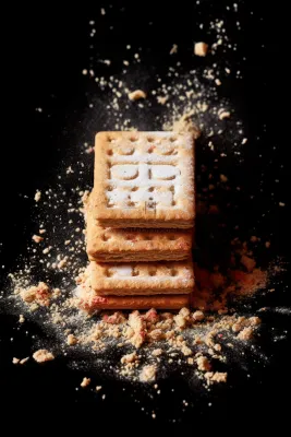 饼干碎屑四处飞溅黑色背景甜点摄影图