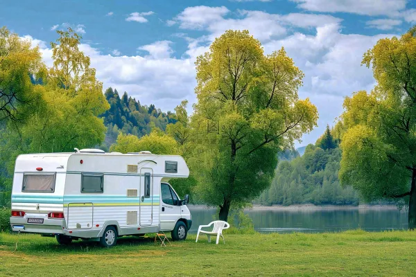 野外露营湖边停着一辆房车，野餐，春游摄影图