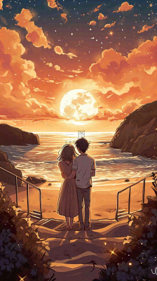 海边落日情人节情侣温馨爱情拥抱手绘插画