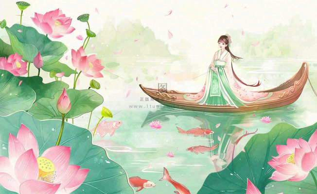 夏日清凉唯美荷花荷叶飘在水面古风少女乘小舟划船卡通人物插画处暑立夏小暑背景 夏日清凉唯美荷花荷叶飘在水面古风少女乘小舟划船卡通人物插画处暑立夏小暑背景