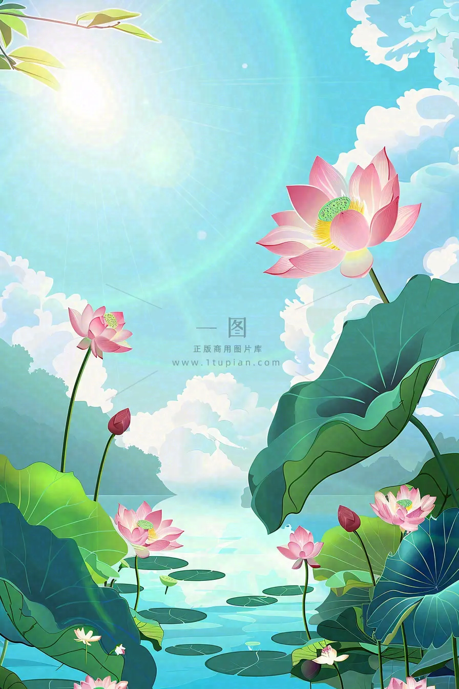 炎炎夏日烈日荷花池荷叶蓝天立夏小暑大暑处暑卡通插画背景