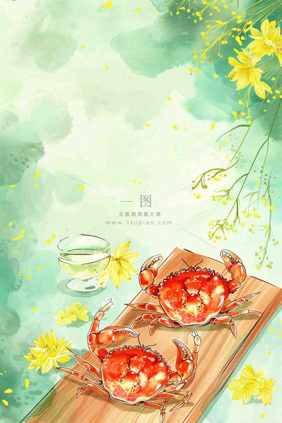 古风水墨白露菊花螃蟹桂花酒插画24节气寒露中秋插画背景