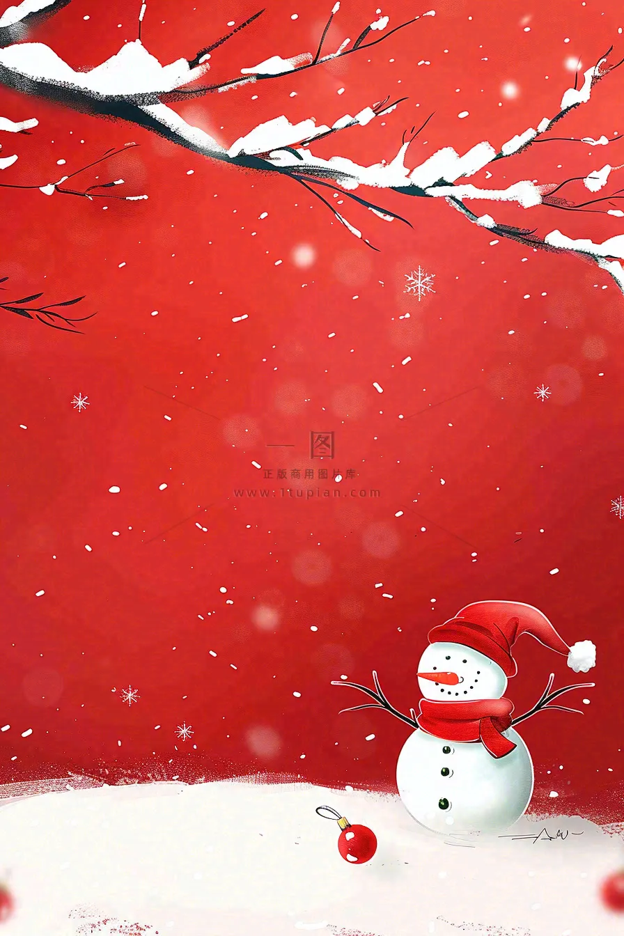 红色宫墙背景白色雪人梅花冬至新年春节小年喜庆卡通插画背景