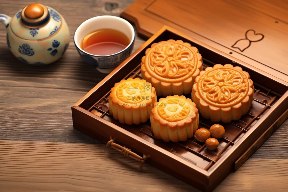中秋木质托盘餐具上摆放着的月饼和茶壶杯子摄影图