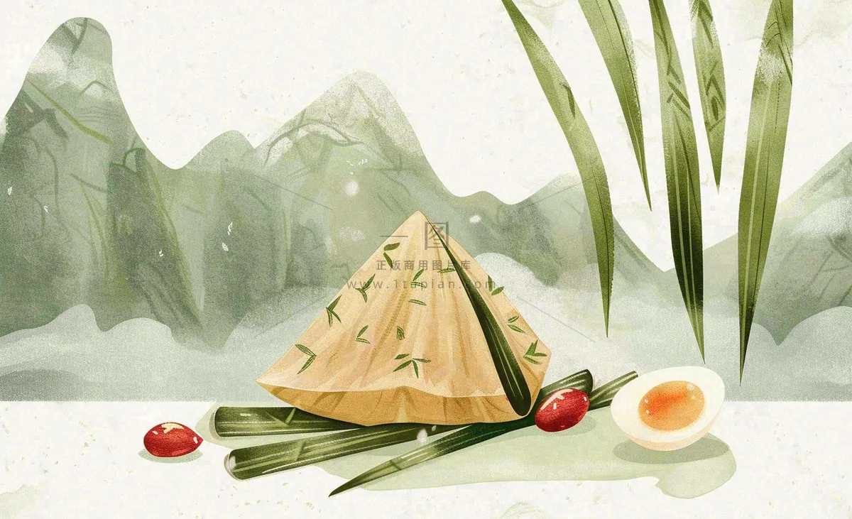 端午佳节粽子绿色青山国风插画水彩绘画背景