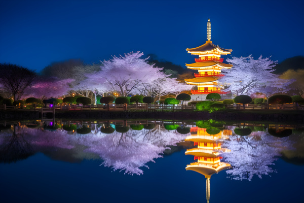 公园夜景发光的宝塔倒映在湖水里摄影图