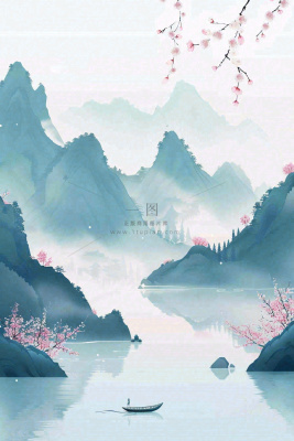 中国风水墨山水画梅花遍地开船春天春分清明插画背景