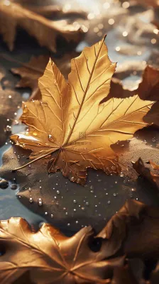 秋天黄色秋叶落叶雨天特写故事感，秋分立秋摄影图