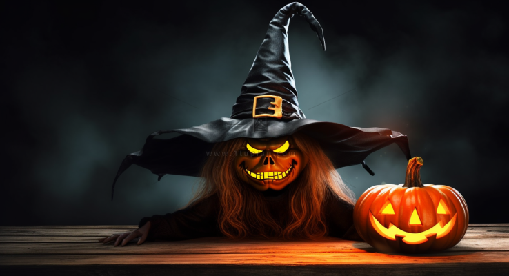 万圣节南瓜灯女巫恐怖夜晚摄影图