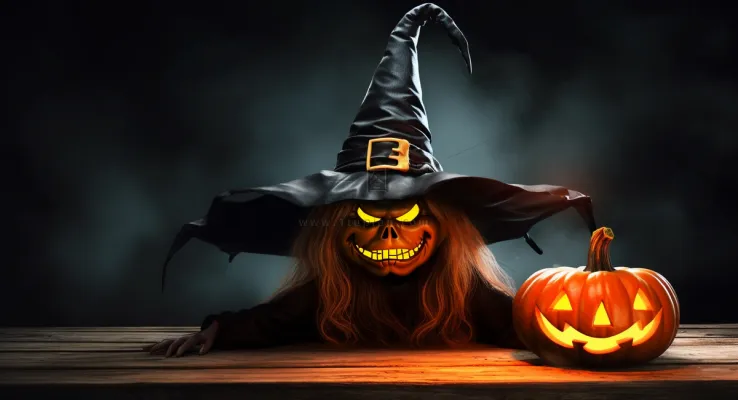 万圣节南瓜灯女巫恐怖夜晚摄影图