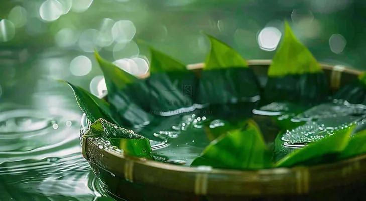 端午节浸泡的绿叶粽叶清新摄影图