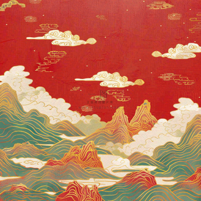 国潮风红色山云祥云青山红色祖国山河磅礴大气古风国庆新年插画背景 国潮风红色山云祥云青山红色祖国山河磅礴大气古风国庆新年插画背景