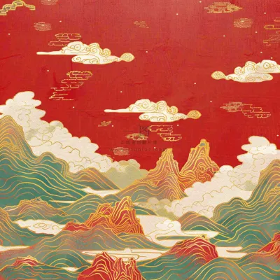 国潮风红色山云祥云青山红色祖国山河磅礴大气古风国庆新年插画背景 国潮风红色山云祥云青山红色祖国山河磅礴大气古风国庆新年插画背景