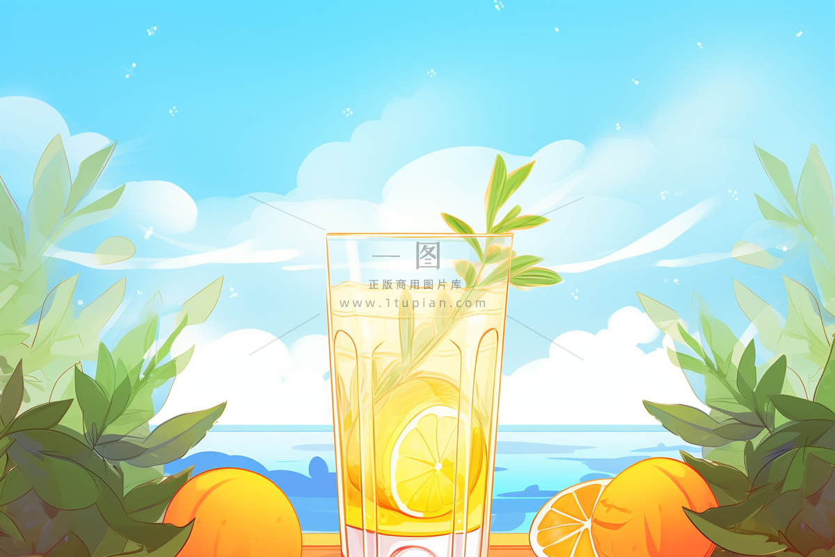 清新蓝天冰饮柠檬冰块插画背景