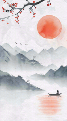 中国风山水秋冬柿子树霜降插画背景 中国风山水秋冬柿子树霜降插画背景