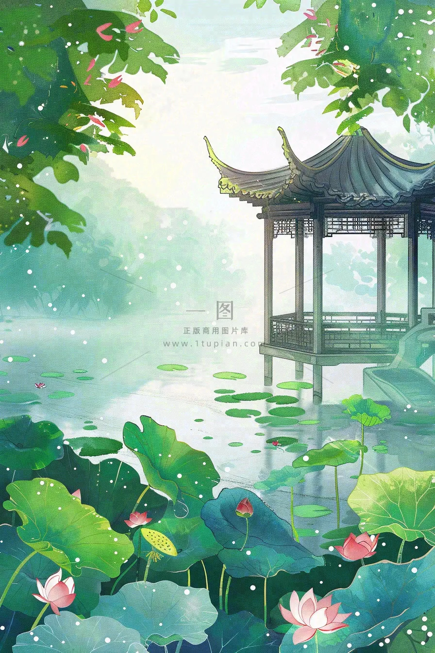 夏日江南苏式园林荷花池塘凉亭树荫阳光立夏夏至处暑插画背景