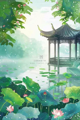 夏日江南苏式园林荷花池塘凉亭树荫阳光立夏夏至处暑插画背景