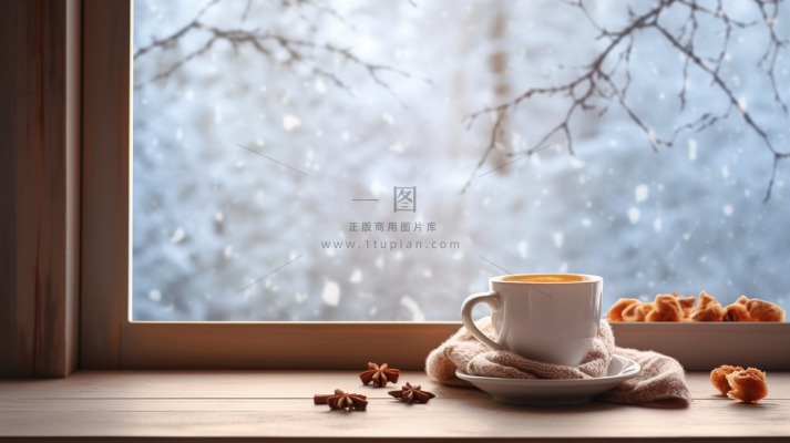 冬日窗外的雪景和窗台的咖啡摄影图