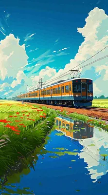 城市交通乡村铁路高铁，户外蓝天白云河边