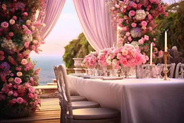 浪漫地中海婚礼粉色鲜花玫瑰梦幻浪漫摄影图
