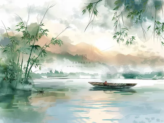 水墨山水画小船河面山川连绵国画插画背景