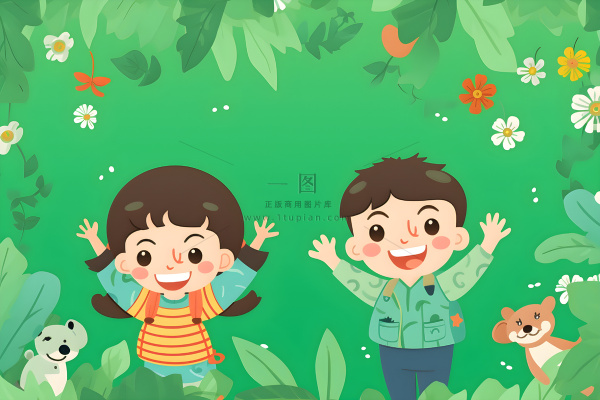 儿童躺着绿色草地上花草海报插画素材背景 儿童躺着绿色草地上花草海报插画素材背景