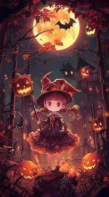 万圣节夜晚黑色南瓜恐怖卡通小鬼手绘插画