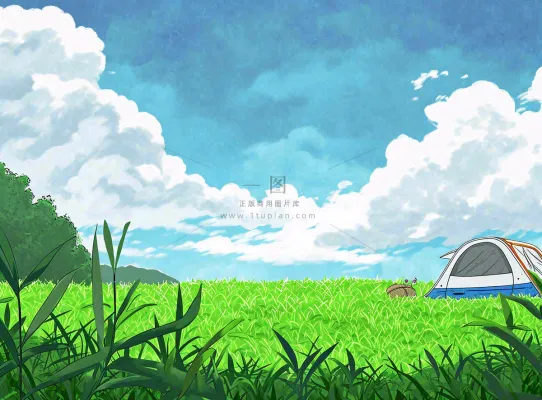 春天夏日清新草坪房车旅行露营玩耍手绘插画