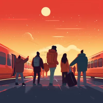 中国传统节日春节除夕春运赶火车回家团聚的人物插画海报背景