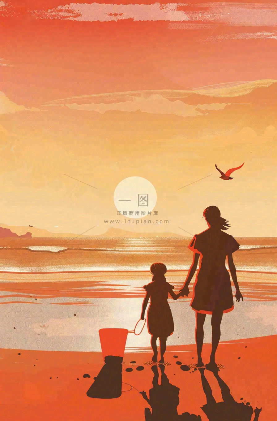 夕阳晚霞下的海洋沙滩亲子散步母亲节插画背景