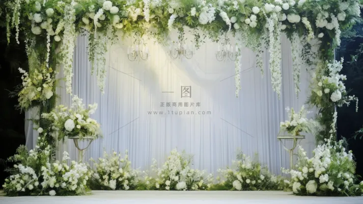 白色鲜花婚礼布置现场背景板摄影图