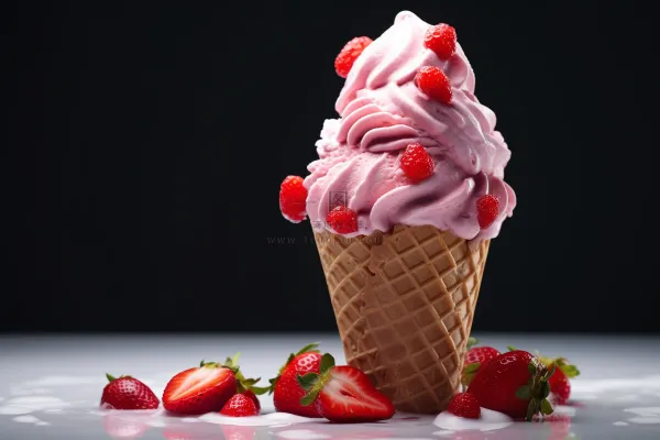 草莓冰淇淋蛋筒夏天清凉摄影图