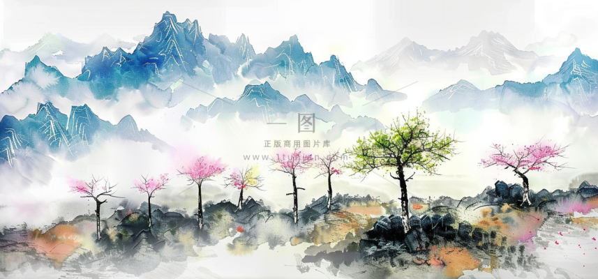 水墨祖国山河磅礴气势青山国画插画背景