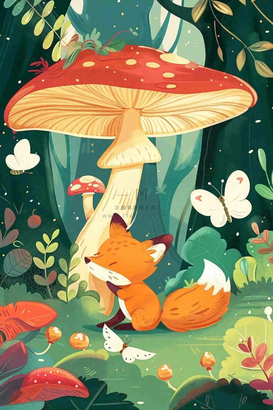 森林里的可爱狐狸在红蘑菇下玩耍唯美插画惊蛰处暑背景
