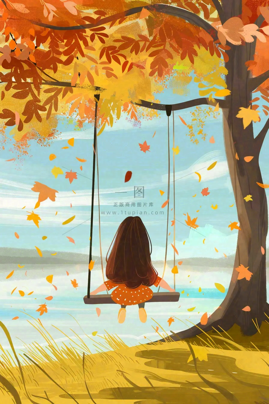 秋天湖泊大树下荡秋千的女孩落叶立秋秋分卡通插画背景