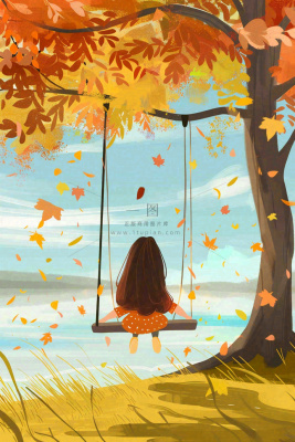 秋天湖泊大树下荡秋千的女孩落叶立秋秋分卡通插画背景 秋天湖泊大树下荡秋千的女孩落叶立秋秋分卡通插画背景