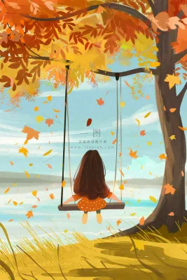 秋天湖泊大树下荡秋千的女孩落叶立秋秋分卡通插画背景 秋天湖泊大树下荡秋千的女孩落叶立秋秋分卡通插画背景